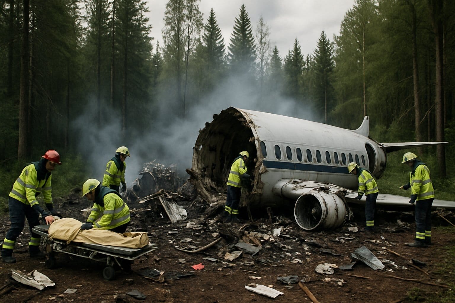 Emergency responders attending to a plane crash site in a forest with wreckage and smoke visible.
